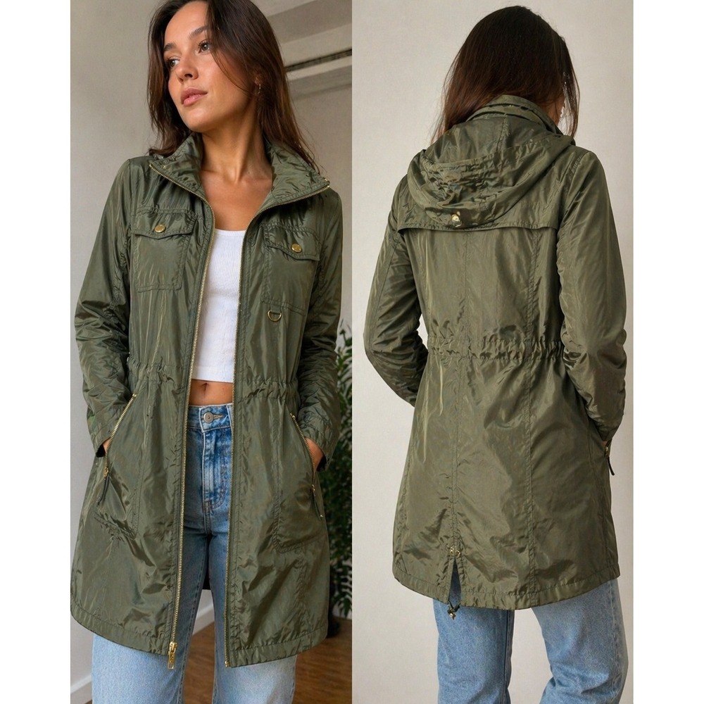 Michael Kors Olive Utility Jacket Hooded Zip Anorak Gold Hardware Small
